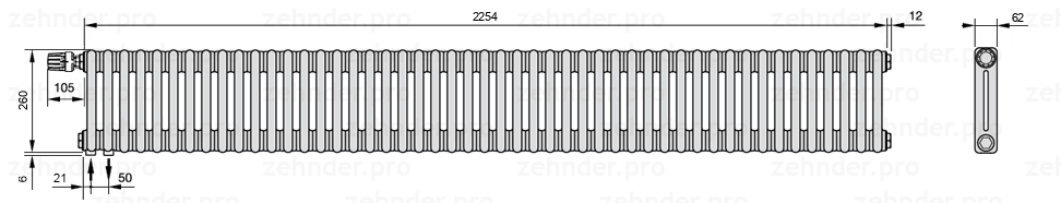 Схема (чертеж) Радиатор Zehnder Charleston 2026/49 №V001 Белый глянцевый RAL 9016